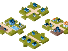 schematische weergave van huizen op vier puzzelstukjes 