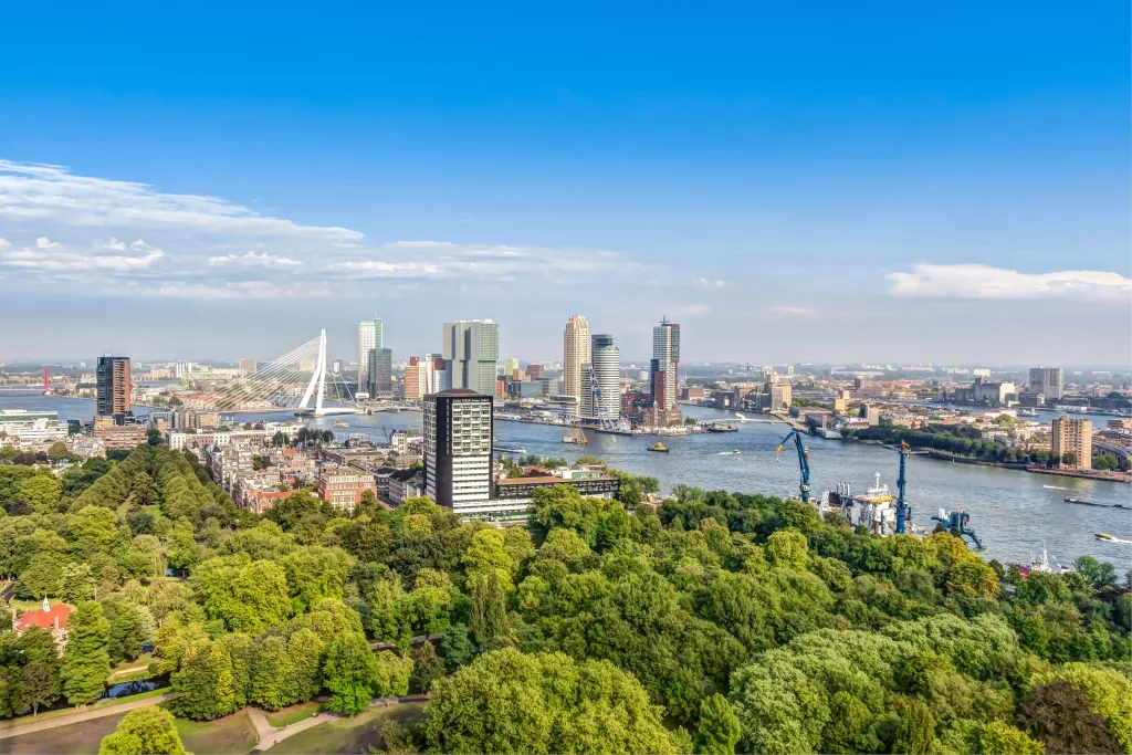 skyline van een stad met water en bomen 