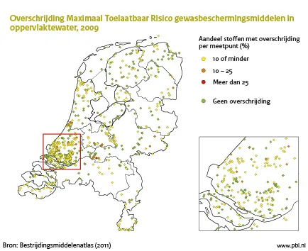 Figuur: kaart Nederland waaruit blijkt dat de ecologische kwaliteit van het oppervlaktewater niet op orde is