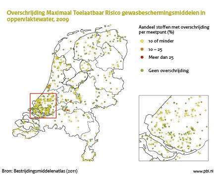 Figuur: kaart Nederland waaruit blijkt dat de ecologische kwaliteit van het oppervlaktewater niet op orde is