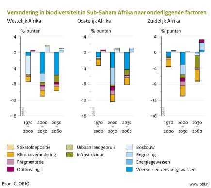 Figuur: grafiek over de verandering in biodiversiteit in Sub-Sahara Afrika; de toename van landbouwproductie zal leiden tot een afname van het bosareaal en tot een versnelde afname van biodiversiteit