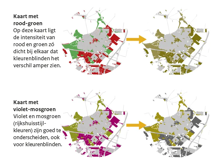 Twee versies van een kaart met de kleuren rood en groen. De eerste is het origineel, bij de tweede zijn de kleuren aangepast zodat een kleurenziende kan zien wat een kleurenblinde ziet. In het origineel ligt de intensiteit van rood en groen zó dicht bij elkaar dat kleurenblinden het verschil amper zien. Daaronder nog twee versies van die kaart met de kleuren violet en mosgroen. De eerste is het origineel, bij de tweede zijn de kleuren aangepast zodat een kleurenziende kan zien wat een kleurenblinde ziet. Vi