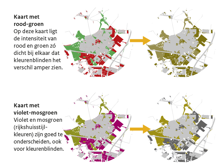 Twee versies van een kaart met de kleuren rood en groen. De eerste is het origineel, bij de tweede zijn de kleuren aangepast zodat een kleurenziende kan zien wat een kleurenblinde ziet. In het origineel ligt de intensiteit van rood en groen zó dicht bij elkaar dat kleurenblinden het verschil amper zien. Daaronder nog twee versies van die kaart met de kleuren violet en mosgroen. De eerste is het origineel, bij de tweede zijn de kleuren aangepast zodat een kleurenziende kan zien wat een kleurenblinde ziet. Vi