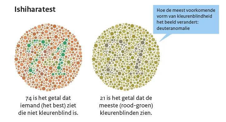 : Twee keer de cirkel met gekleurde bolletjes uit de Ishihara-test. De eerste is het origineel, bij de tweede zijn de kleuren aangepast zodat een kleurenziende kan zien wat een kleurenblinde ziet.  