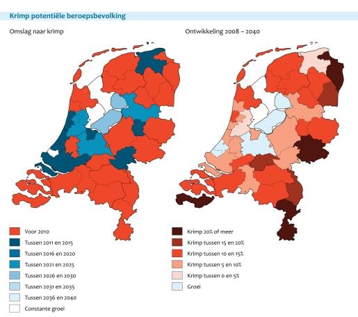 Figuur: 2 kaarten van Nederland met daarin de krimp van de potentiële beroepsbevolking per regio aangegeven