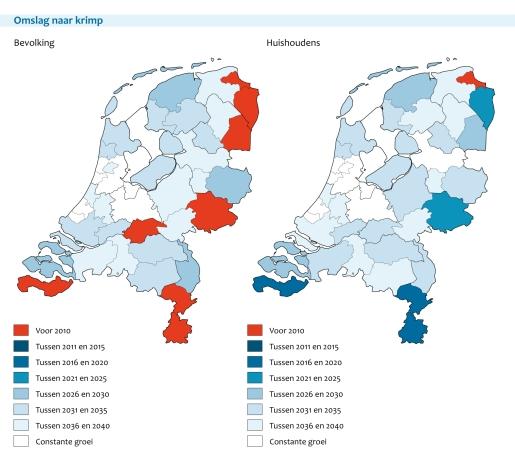 Figuur: 2 kaarten van Nederland met daarin de krimp van de bevolking en huishoudens per regio aangegeven.
