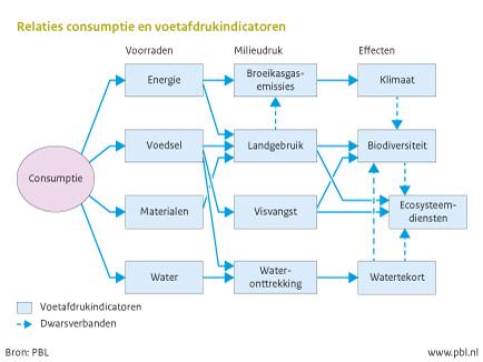 Figuur: schematische weergave van de relaties tussen consumptie en ecologische voetafdrukindicatoren (PBL)
