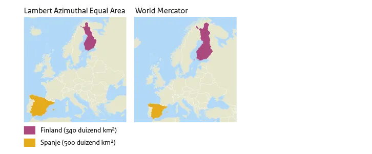 Alt-tekst: Twee afbeeldingen van een kaart van Europa. Links in een oppervlaktegetrouwe projectie (Lambert Azimuthal Equal Area) en rechts in de niet-oppervlaktegetrouwe World-Mercator-projectie. In de kaart zijn de geprojecteerde oppervlaktes van Spanje en Finland uitgelicht.