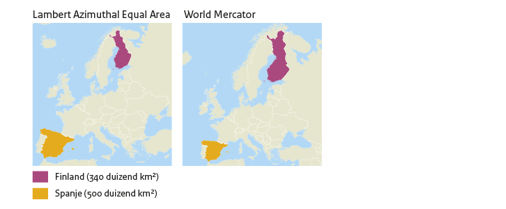 Alt-tekst: Twee afbeeldingen van een kaart van Europa. Links in een oppervlaktegetrouwe projectie (Lambert Azimuthal Equal Area) en rechts in de niet-oppervlaktegetrouwe World-Mercator-projectie. In de kaart zijn de geprojecteerde oppervlaktes van Spanje en Finland uitgelicht.