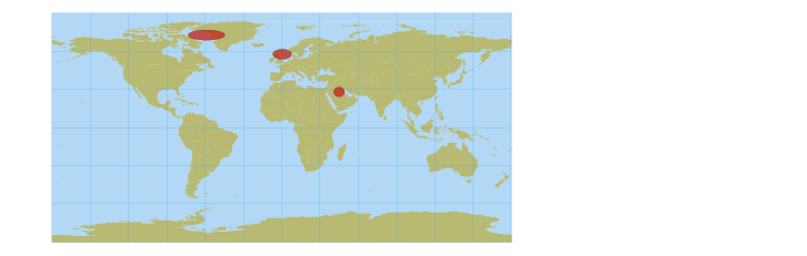 Alt-tekst: Een wereldkaart in lat/lon-projectie. Drie rode cirkels die op hogere breedtegraden groter en meer afgeplat zijn, illustreren de afwijkingen in vorm en oppervlakte.