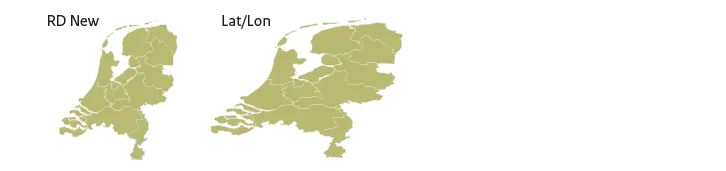 Alt-tekst: Twee afbeeldingen van een kaart van Nederland. Links in een RD-New projectie met nauwelijks vertekening en rechts in de Lat/Lon-projectie met grote vertekening