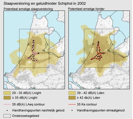 Figuur: kaart van Schipholgebied met handhavingspunten voor geluid (links etmaalgeluid, rechts nachtelijk geluid) en het gebied waarbinnen geluidhinder (links) respectievelijk slaapverstoring (rechts) optreden.