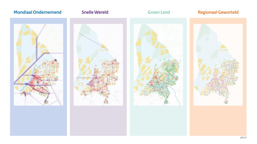 Vier toekomstscenario’s waarin de verschillende keuzes ruimtelijk worden uitgewerkt