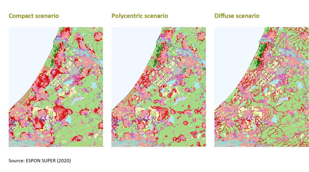 Compact, Polycentric and Diffuse scenarios West-Netherlands Three maps of South- and North-Holland with Compact, Polycentric (M) and Diffuse (R) scenarios.