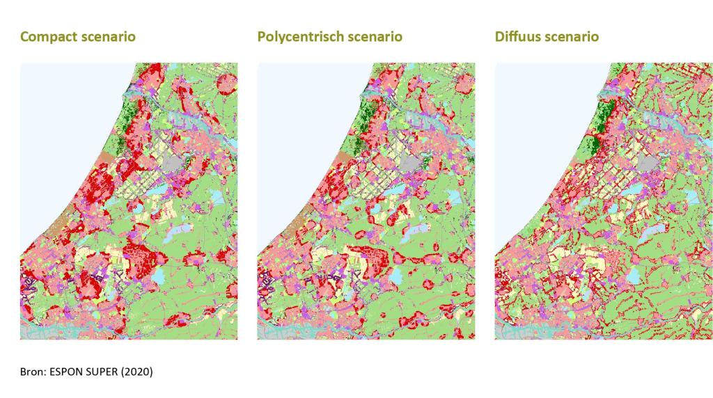 Drie kaarten van Zuid- en Noord-Holland met de Compacte, Polycentrische and Diffuse scenario's.