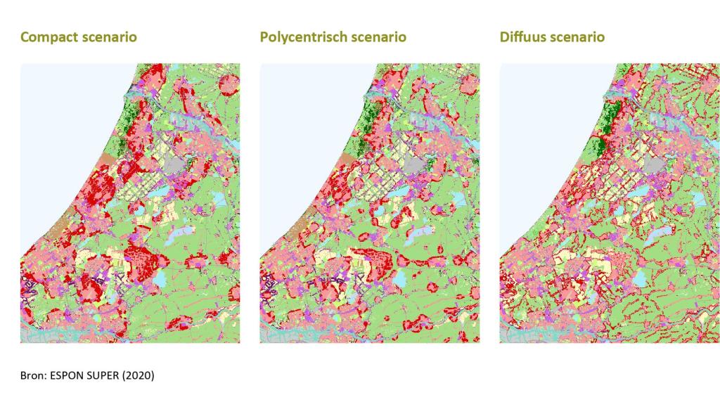 Compacte, Polycentrische en Diffuse scenario's West-Nederland Drie kaarten van Zuid- en Noord-Holland met de Compacte, Polycentrische and Diffuse scenario's.
