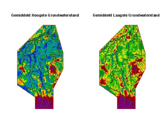 Figuur: twee indicatoren met het resultaat van de LGM berekening; gemiddelde hoogste en laagste grondwaterstand