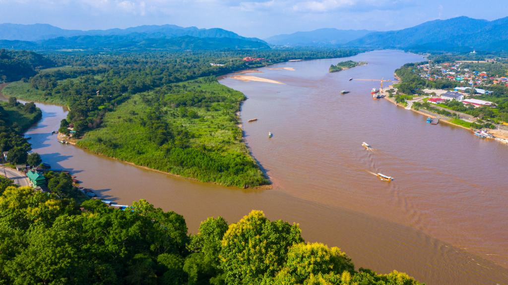 Golden Triangle at Mekong River, Chiang Rai, Thailand. The Mekong is an intensively used transboundary river, running from the Tibetan Plateau through China, Myanmar, Laos, Thailand, Cambodia and Vietnam and only second to the Amazon in aquatic biodiversity.