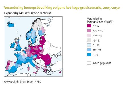 Figuur: kaart van Europa over groei van de beroepsbevolking in % tussen 2005 en 2050, volgens het hoge groeiscenario.