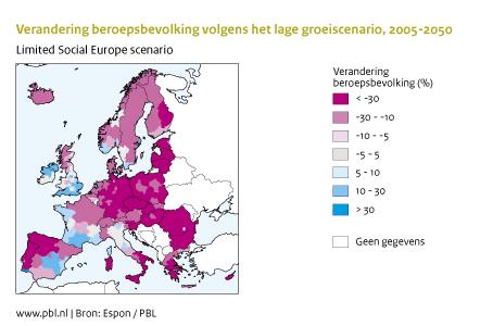 Figuur: kaart van Europa over groei van de beroepsbevolking in % tussen 2005 en 2050, volgens het lage groeiscenario.