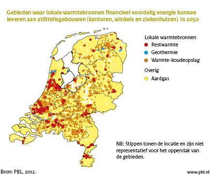 Figuur: landkaart van Nederland met gebieden waar lokale warmtebronnen financieel voordelig energie kunnen leveren aan utiliteitsgebouwen in 2050 (PBL, 2012))