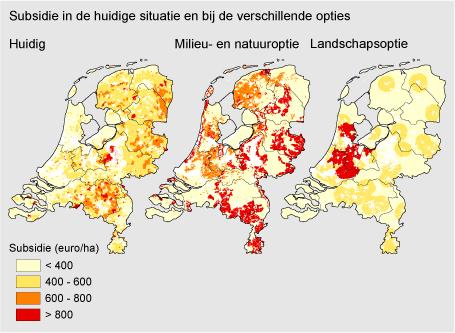Figuur: landbouwsubsidies kaart, subsidie in de huidige situatie en bij verschillende opties (PBL); Gerichte inzet van subsidies heeft een negatief effect op het inkomen in de landbouw en op het aantal landbouwbedrijven in Nederland