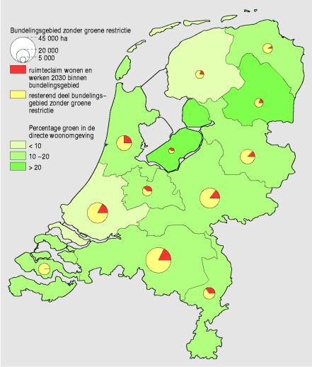 Figuur: kaart van Nederland met daarin het bundelingsgebied zonder groene restrictie aangegeven; Met name in het westen van het land is voor de inwoners van de grote steden nu al relatief weinig groen beschikbaar